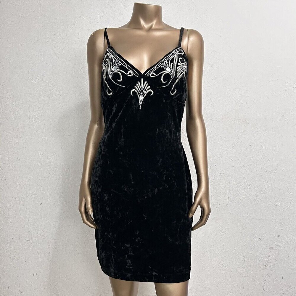 Natori VTG 90s Y2K Black Velvet Chemise Slip Dress Embroidery Beaded Size M